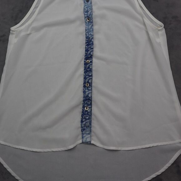 EM Shirt Womens White Blue Sleeveless Collared Button Sheer High Low Hem - Picture 11 of 15